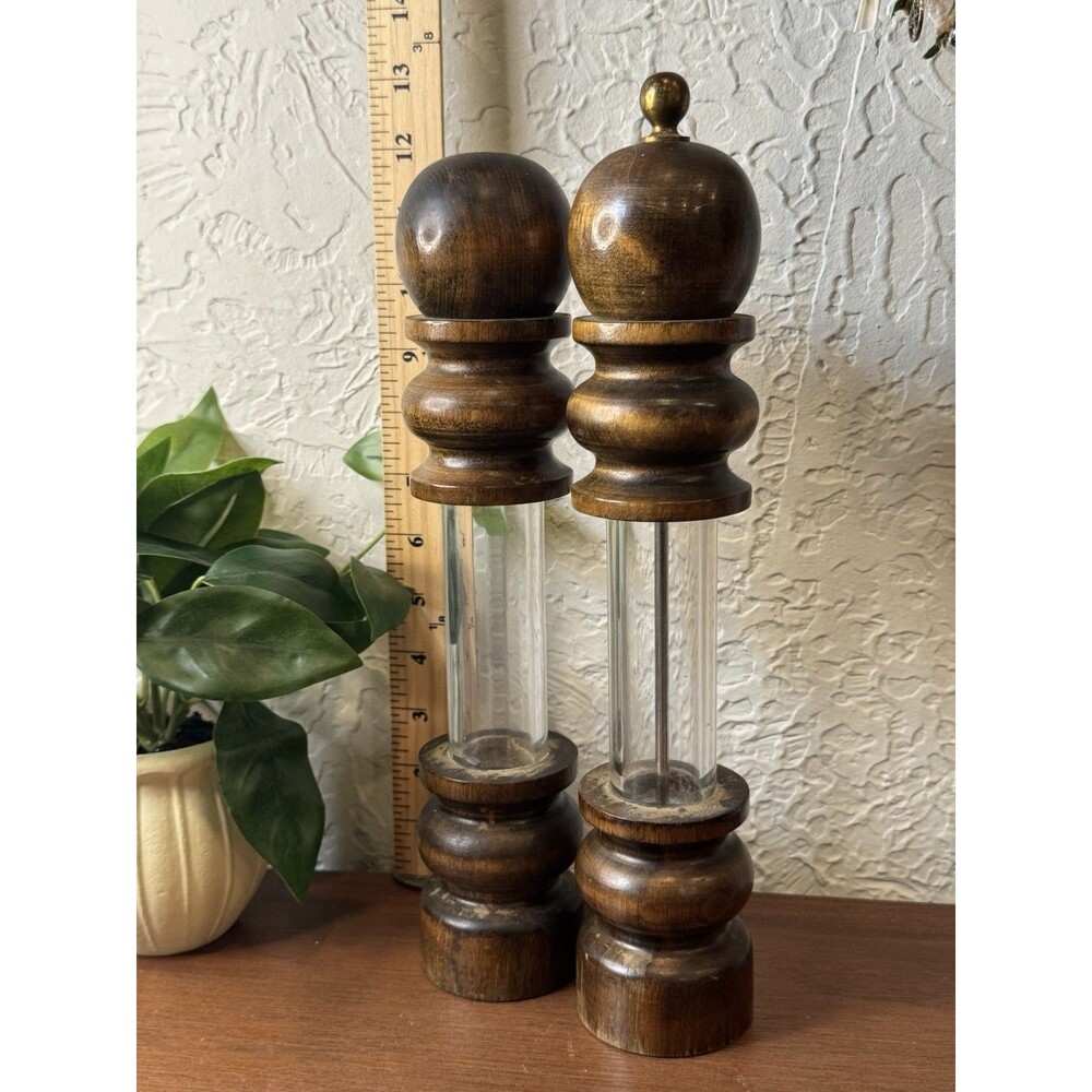 Wood Brass Salt Shaker & Pepper Grinder Mill Japan RARE Vintage MCM 12” Tall
